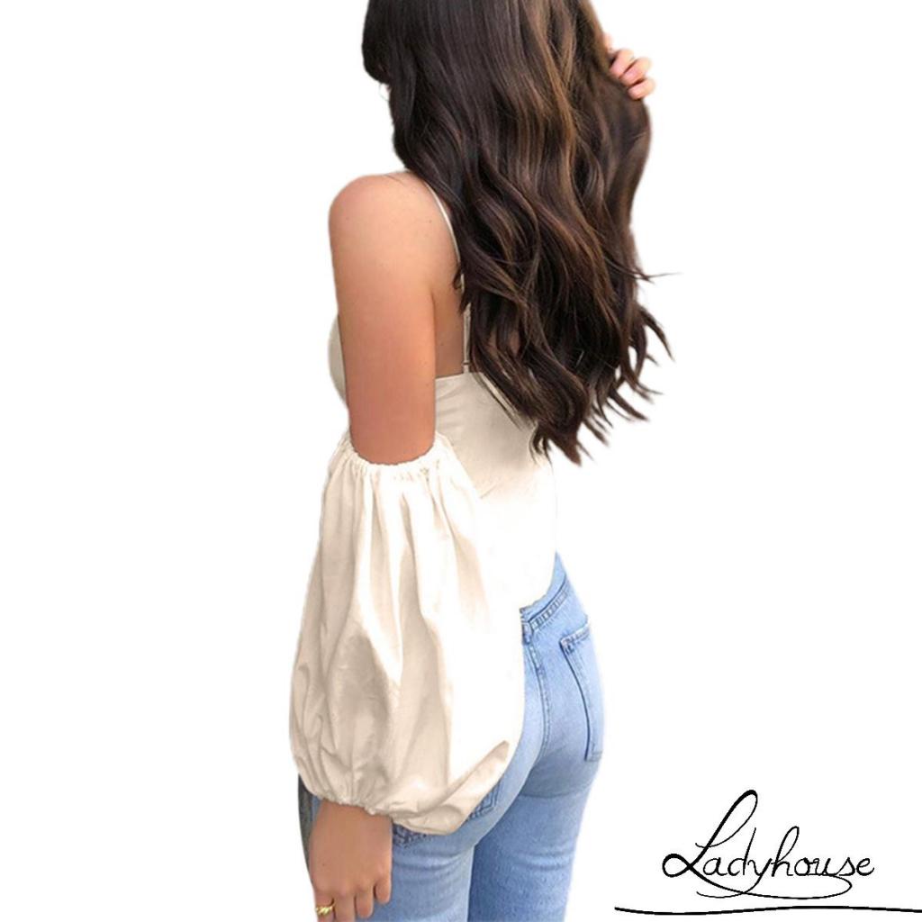 Áo Croptop Trễ Vai Cổ Chữ V Tay Phồng Ngắn Gợi Cảm Cho Nữ