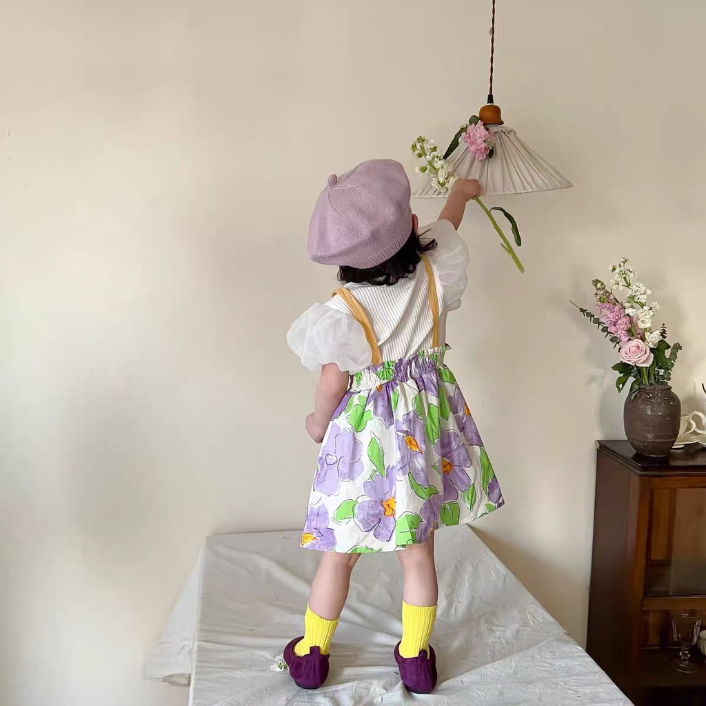 Sét áo tăm tay bồng bom cực điệu kèm váy thô hoa cho bé gái