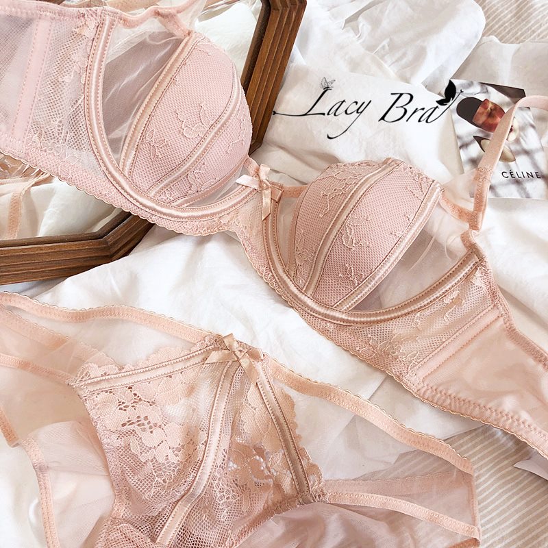 Bộ Đồ Lót Voan Phối Ren Có Gọng Nâng Không Đệm Gợi Cảm Lacy Bra - B24