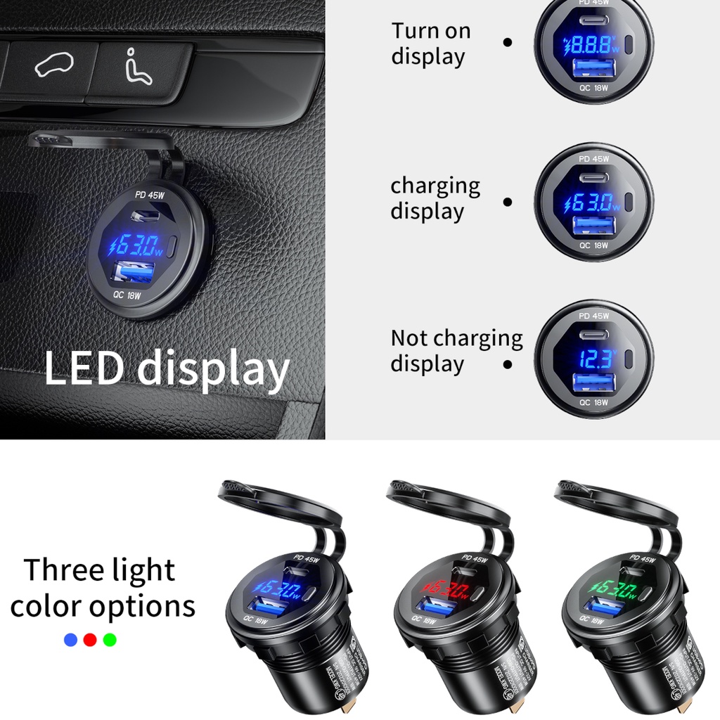 Cục Sạc Nhanh 45W PD Type-C QC3.0 USB 12 / 24V Có Công Tắc Vôn Kế Bằng Kim Loại Cho Xe Hơi / Xe Tải / Xe
