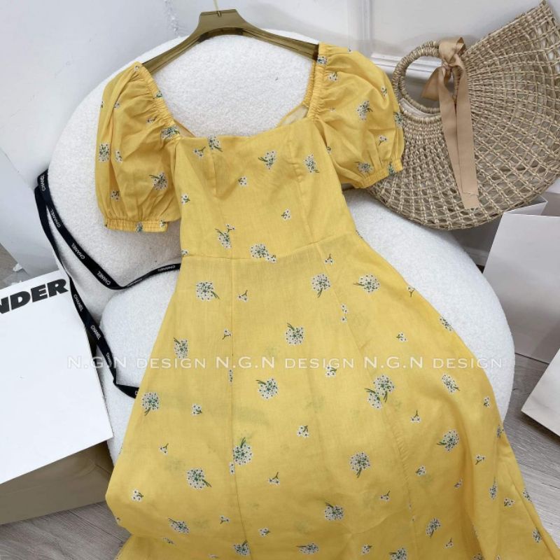 Váy hoa cổ vuông nơ lưng