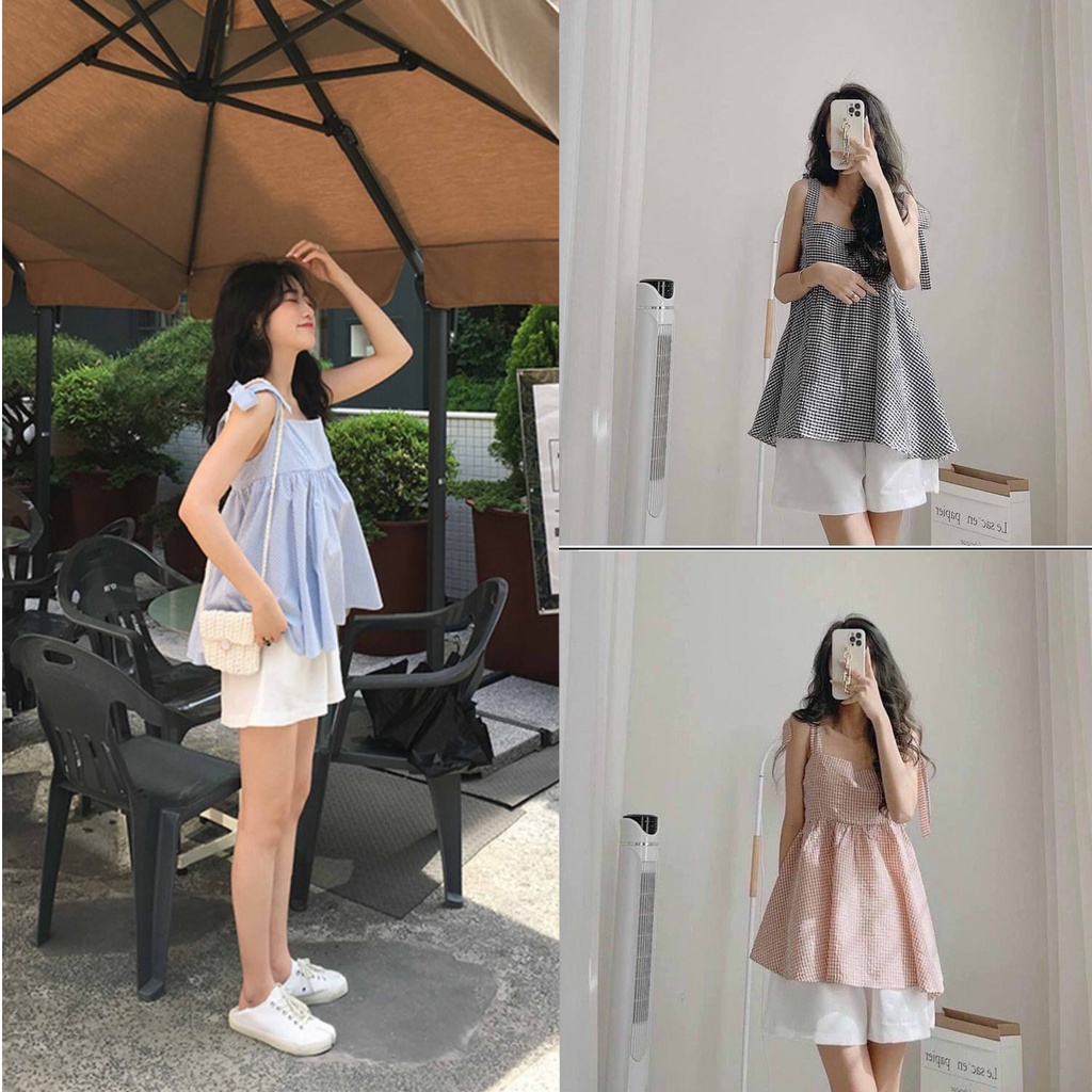 SQ002 - Set áo hai dây buộc nơ phối quần sooc trắng Ulzzang, áo BabyDoll BBD Hàn Quốc kẻ caro và quần short siêu cute