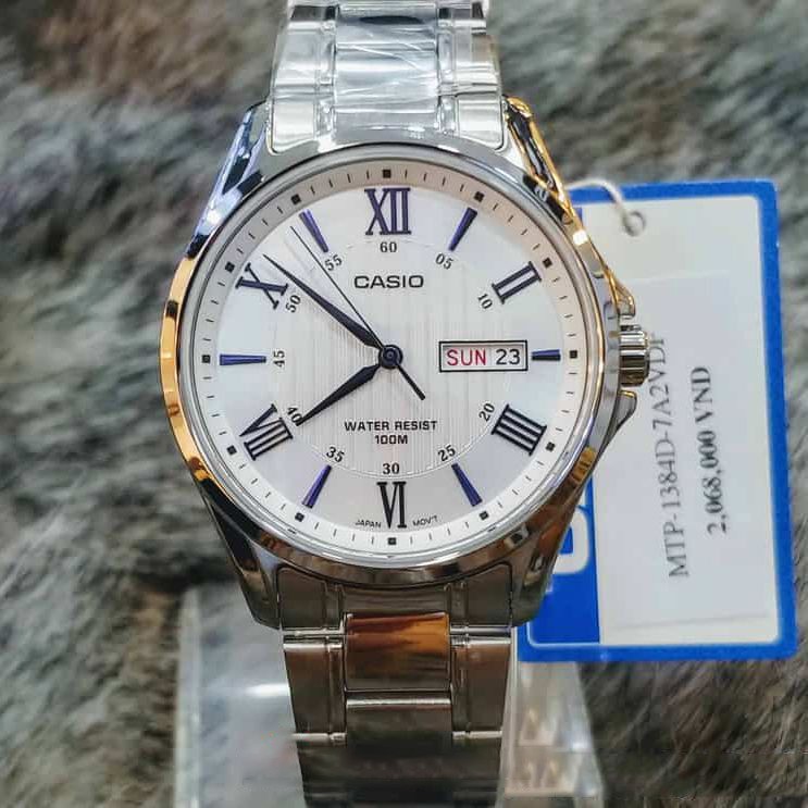 Đồng hồ Casio nam dây sắt thể thao, mặt số la mã đẳng cấp, lịch thứ - ngày  chống nước WR100M đi bơi (MTP-1384D-7A2VDF)