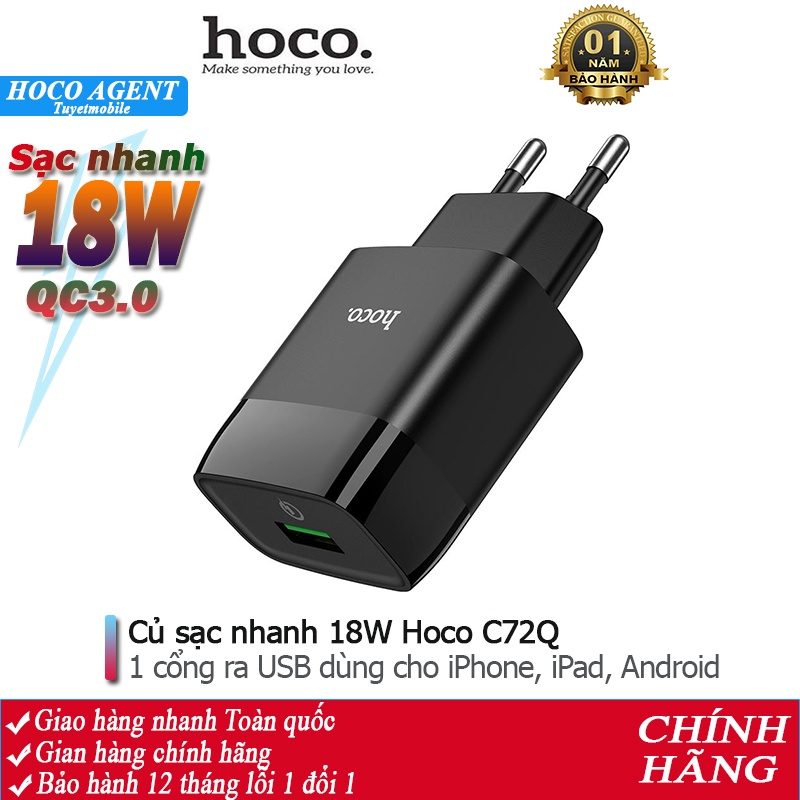Củ sạc nhanh Hoco C72Q cổng USB 18W, QC3.0 cóc sạc dùng cho iPhone / iPad / Android - Chính hãng