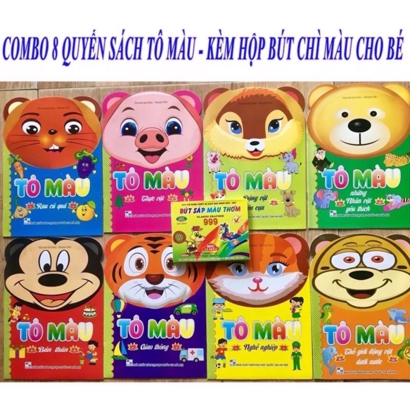 Sét 8 quyển tô màu+ 12 bút sáp ,tô màu theo chủ đề cho bé