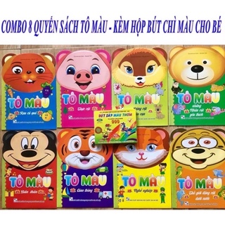 Sét 8 quyển tô màu+ 12 bút sáp ,tô màu theo chủ đề cho bé