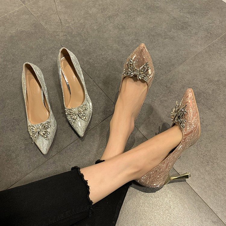 🌸Hàng Oder🌸 Giày Cao Gót  Đính Bướm Đá Lấp Lánh Công Chúa 8 Phân 🌸Sang Chảnh Dễ Thương