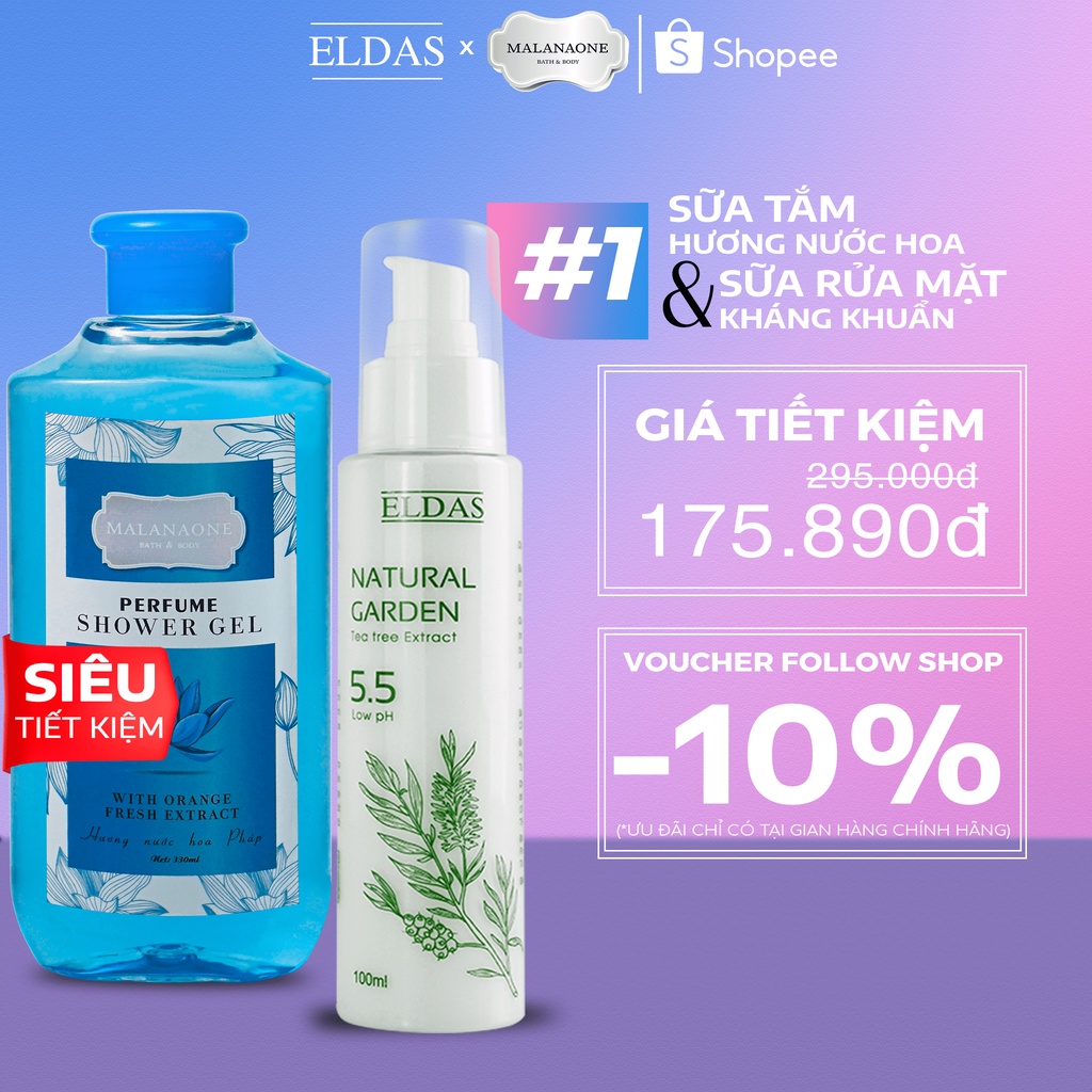 BỘ QUÀ TẶNG SỮA TẮM THƠM LÂU HƯƠNG NƯỚC HOA MALANAONE 330ML VÀ SỮA RỬA MẶT DỊU NHẸ CHIẾT XUẤT TRÀM TRÀ ELDAS 120ML