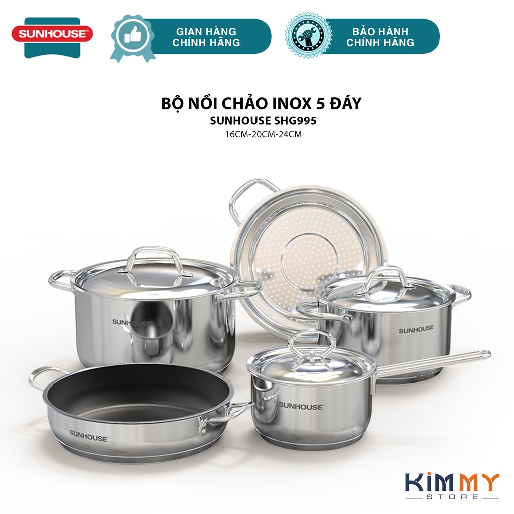 BỘ NỒI CHẢO INOX 5 ĐÁY SUNHOUSE SHG995 CAO CẤP KÈM XỬNG HẤP - DÙNG CHO MỌI LOẠI BẾP