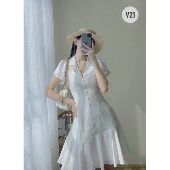LIKEHER - ĐẦM ĐI CHƠI ĐẦM CỔ VEST NÚT BỌC D18