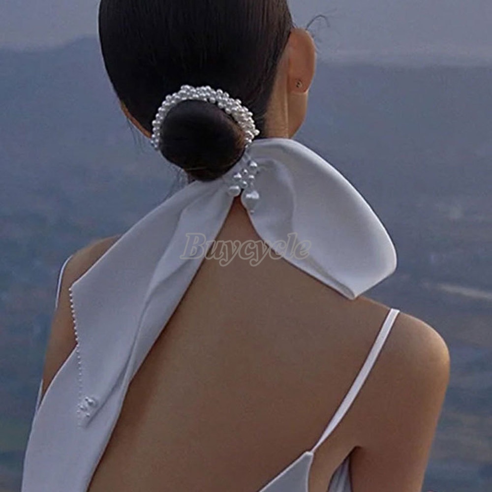 Dây buộc tóc kèm ruy băng đính ngọc trai sang trọng tinh tế