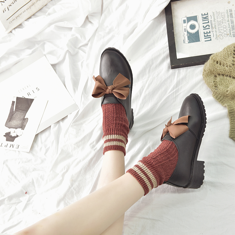 IELGY cute wild Korean version British small leather shoes retro college wind tide shoes solid color ribbon stepping leisure bow