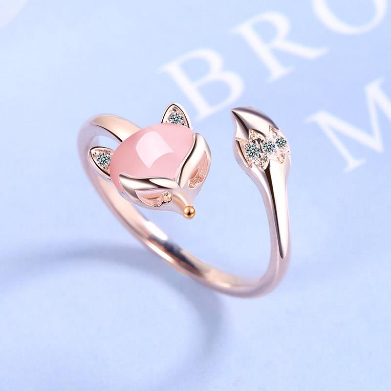 Nhẫn hở hình con cáo đính đá zircon hồng dễ thương