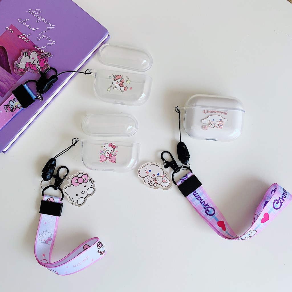 Vỏ Bảo Vệ Hộp Sạc Tai Nghe Airpods 1 / 2 / Pro Trong Suốt Họa Tiết Hello Kitty / Cinnamoroll Dễ Thương Kèm Dây Đeo