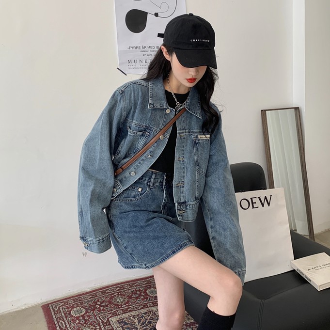 Set áo khoác denim + chân váy lưng cao Xiaozhainv phong cách retro (Có bán lẻ) | BigBuy360 - bigbuy360.vn