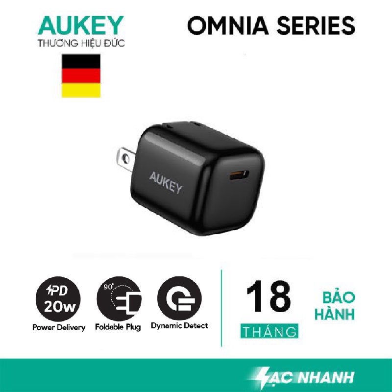 Củ sạc nhanh Aukey PA-B1pro, cổng PD-C công suất 20W, chấu gập, nhỏ gọn - hàng chính hãng