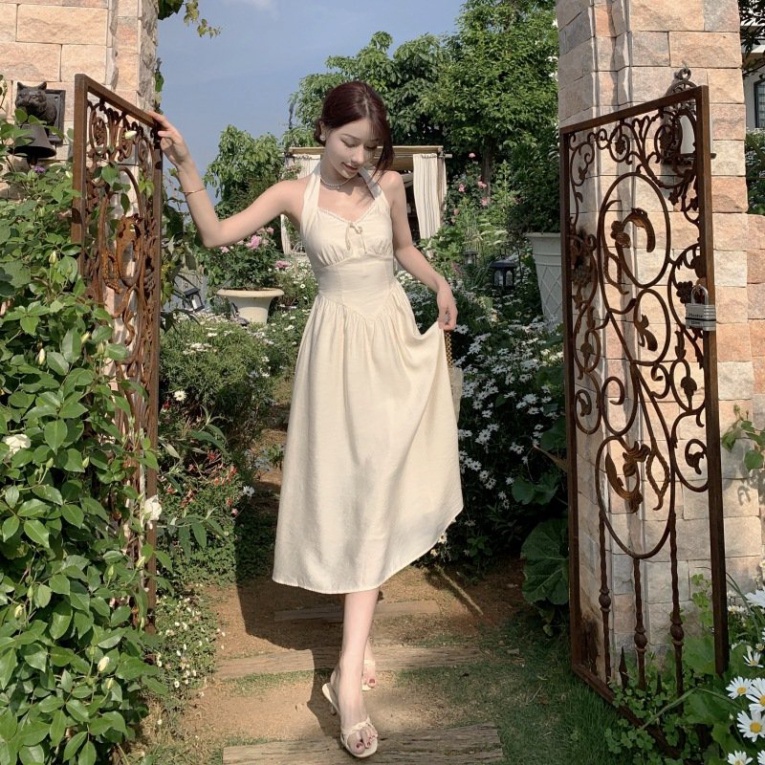 Váy đi biển trắng LUHAZO nữ đẹp maxi 2 dây dài rộng bigsize Hàn Quốc vintage cổ vuông babydoll hở lưng 8516 DK7T101