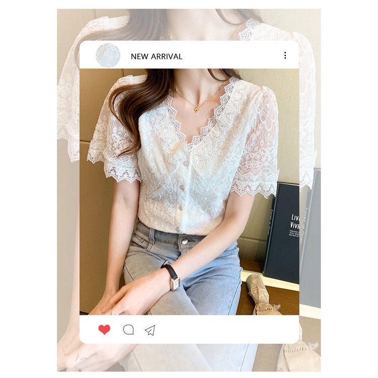 Áo Sơ Mi chiffon Ngắn Tay Phối Ren Cổ Chữ V Thiết Kế Mới Thời Trang Mùa Hè Cho Nữ
