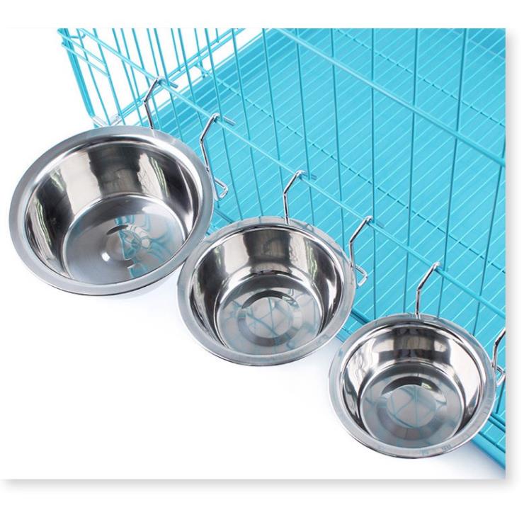 Bát ăn cho chó mèo - Bát inox treo chuồng có giá đỡ (3 size) chén ăn uống cho chó mèo nhỏ