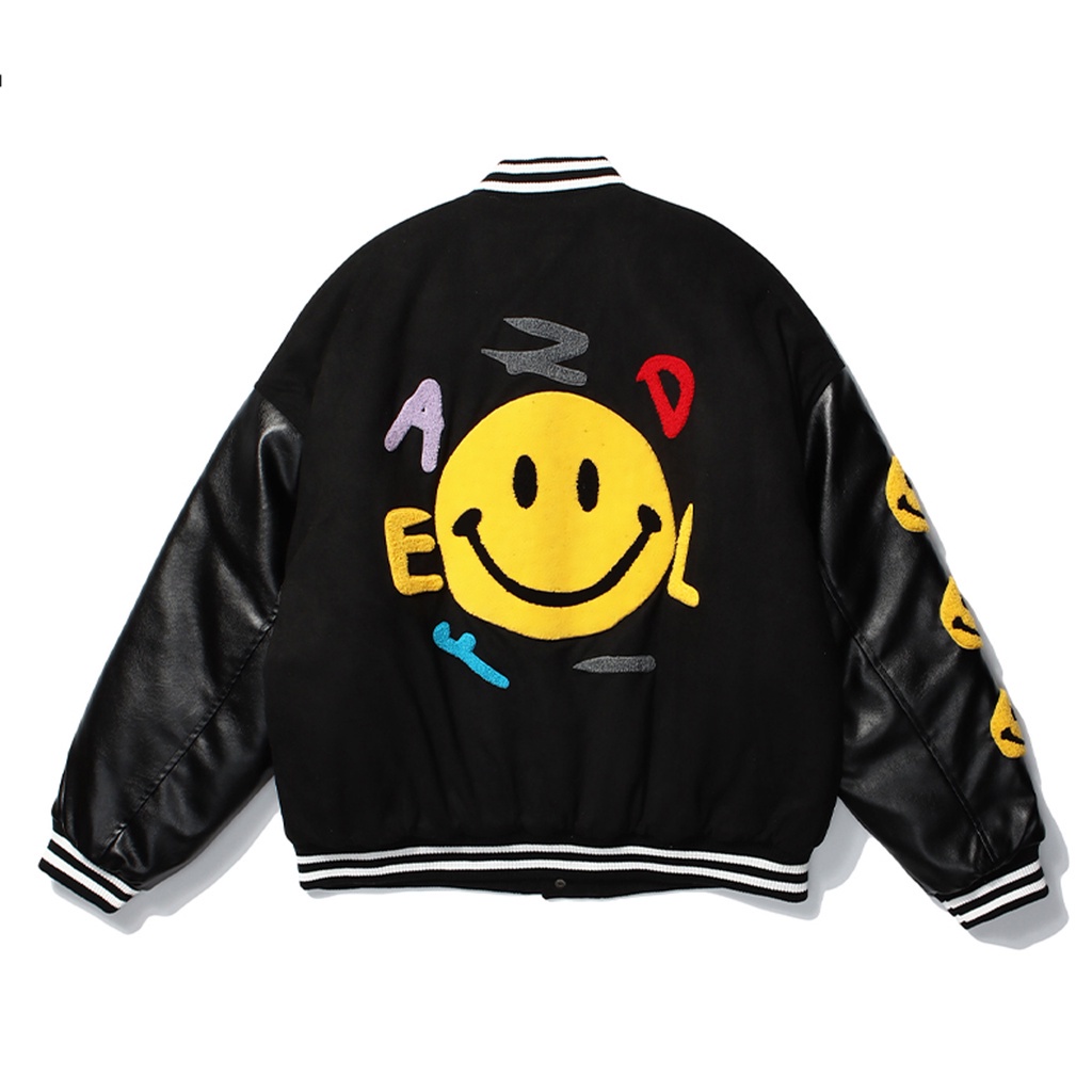 xả tết ÁO KHOÁC BÓNG CHÀY BOMBER PHỐI DA LEATHER SLEEVE SMILEYS NOCTURNAL NAM NỮ CẶP ĐÔI UNISEX ULZZANG Gen Z 2021