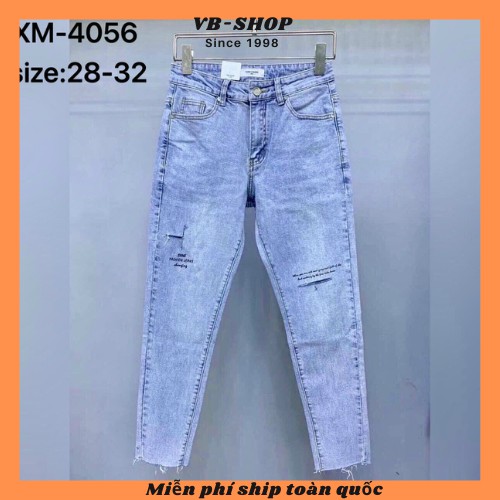 Quần Jean Nam Màu Xanh Dương Rách Gối Kiểu In Chữ 3D Chất Bò Dày Dặn, Co giãn Form Slimfit 4056