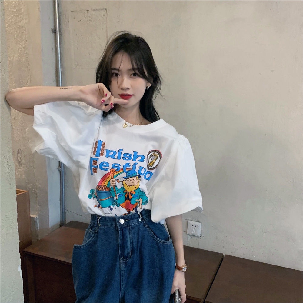 Áo Thun Nữ Tay Ngắn Dáng Rộng in Họa Tiết Hoạt Hình Phong Cách Hàn Quốc