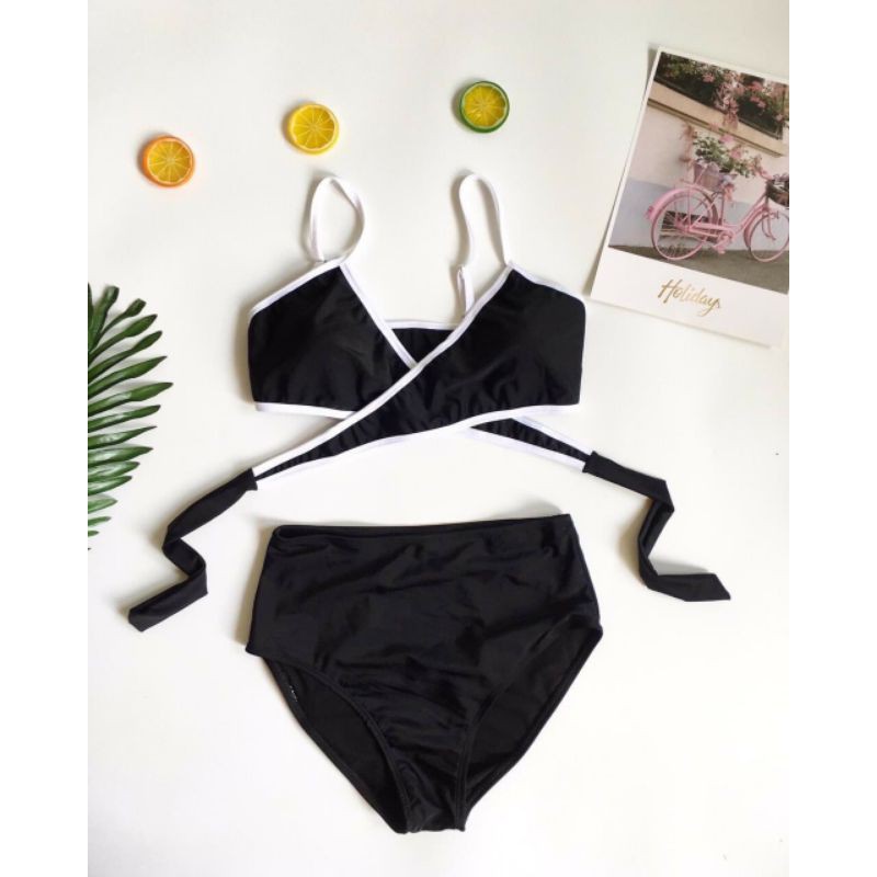 {Sẵn kho} Bikini 2 mảnh đồ bơi viền trắng quần cạp cao