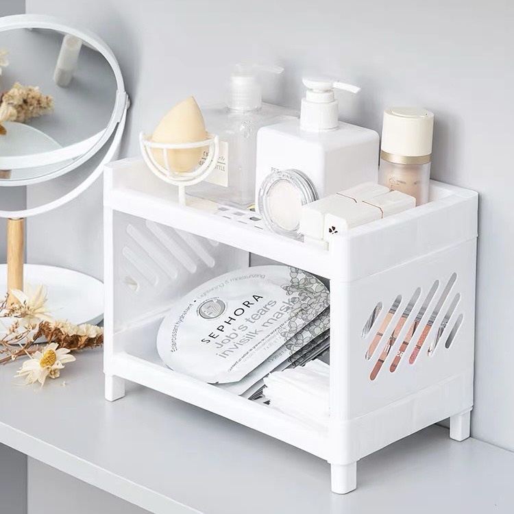 Kệ nhựa 2 tầng mini, giá đựng đồ xếp gọn trang trí bàn làm việc Gooo store