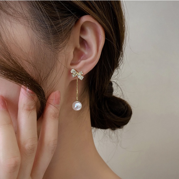 Bông tai nơ đính hạt ngọc rời có thể đeo theo 2 cách phong cách Hàn Quốc siêu xinh shop Phụ Kiện Tiên Tiên