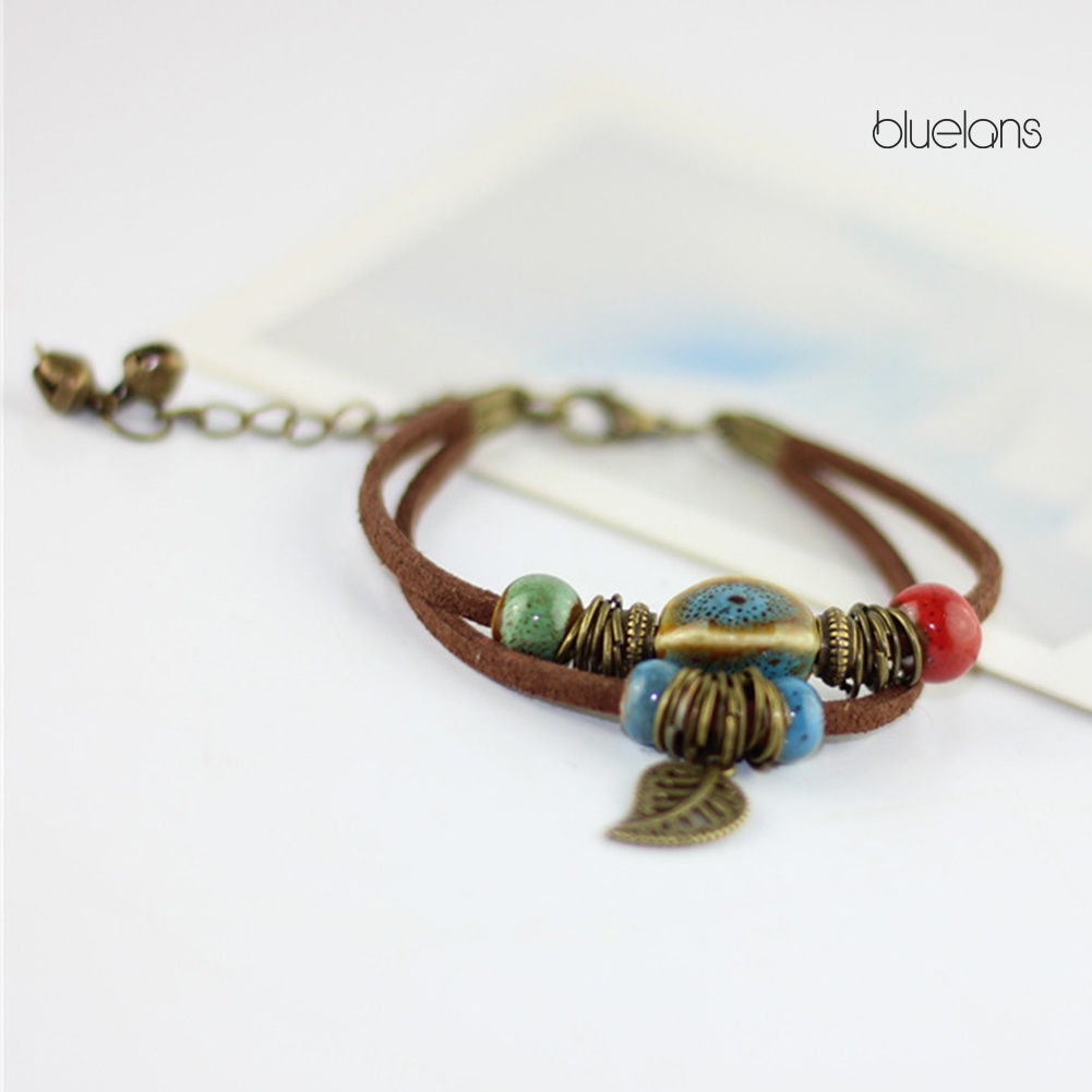 Vòng Tay Da Hai Lớp Đính Hạt Gốm Và Lá Phong Cách Bohemian