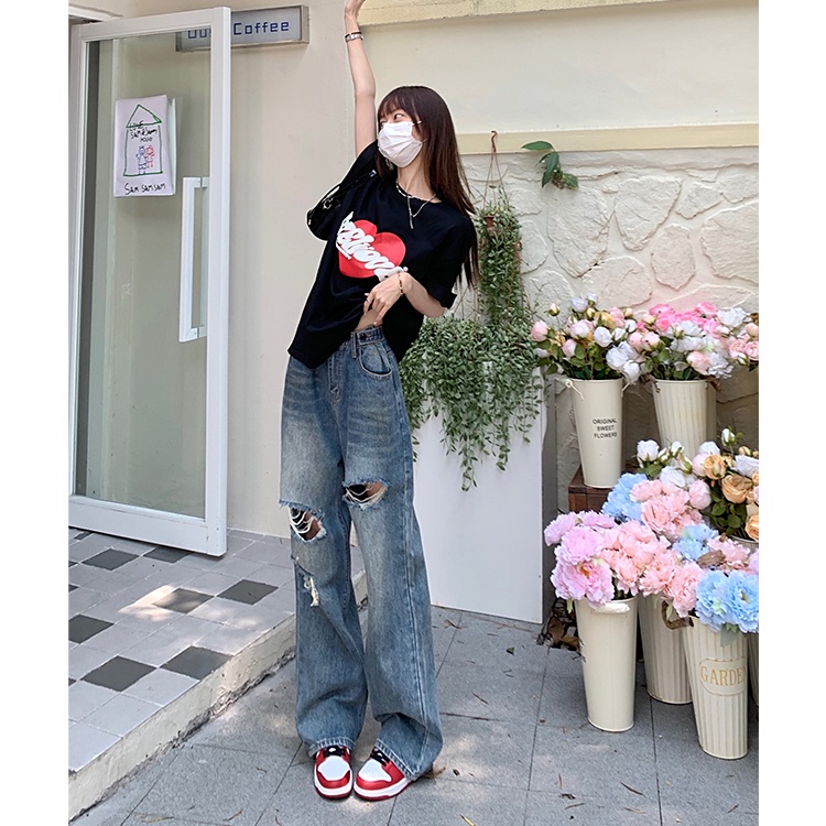 HUANG YOYO Quần Jeans Nữ Lưng Cao Ống Rộng Rách Gối Thời Trang Hàn Quốc