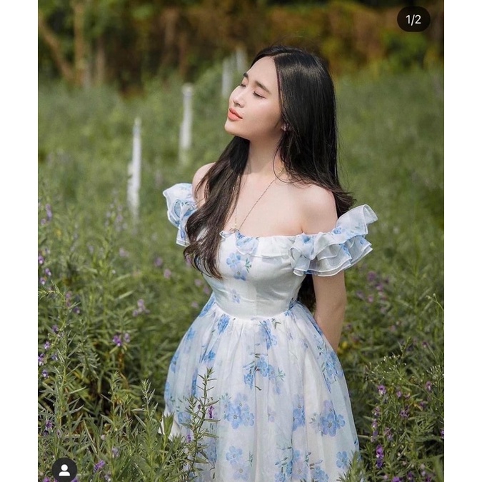 Váy Trễ Vai Hoa Chất Vải Voan Nhún Bèo