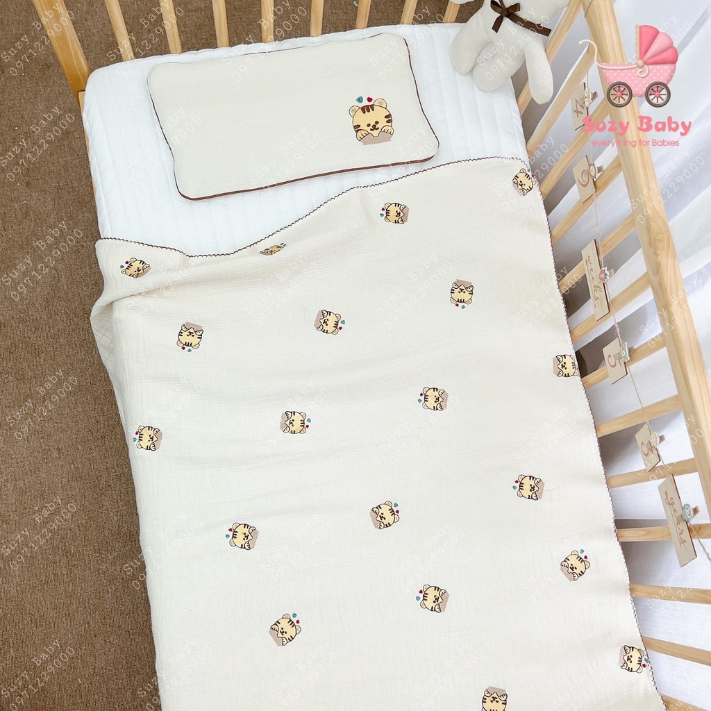 Set chăn gối xô organic thêu mẫu mới cho bé, Suzy baby