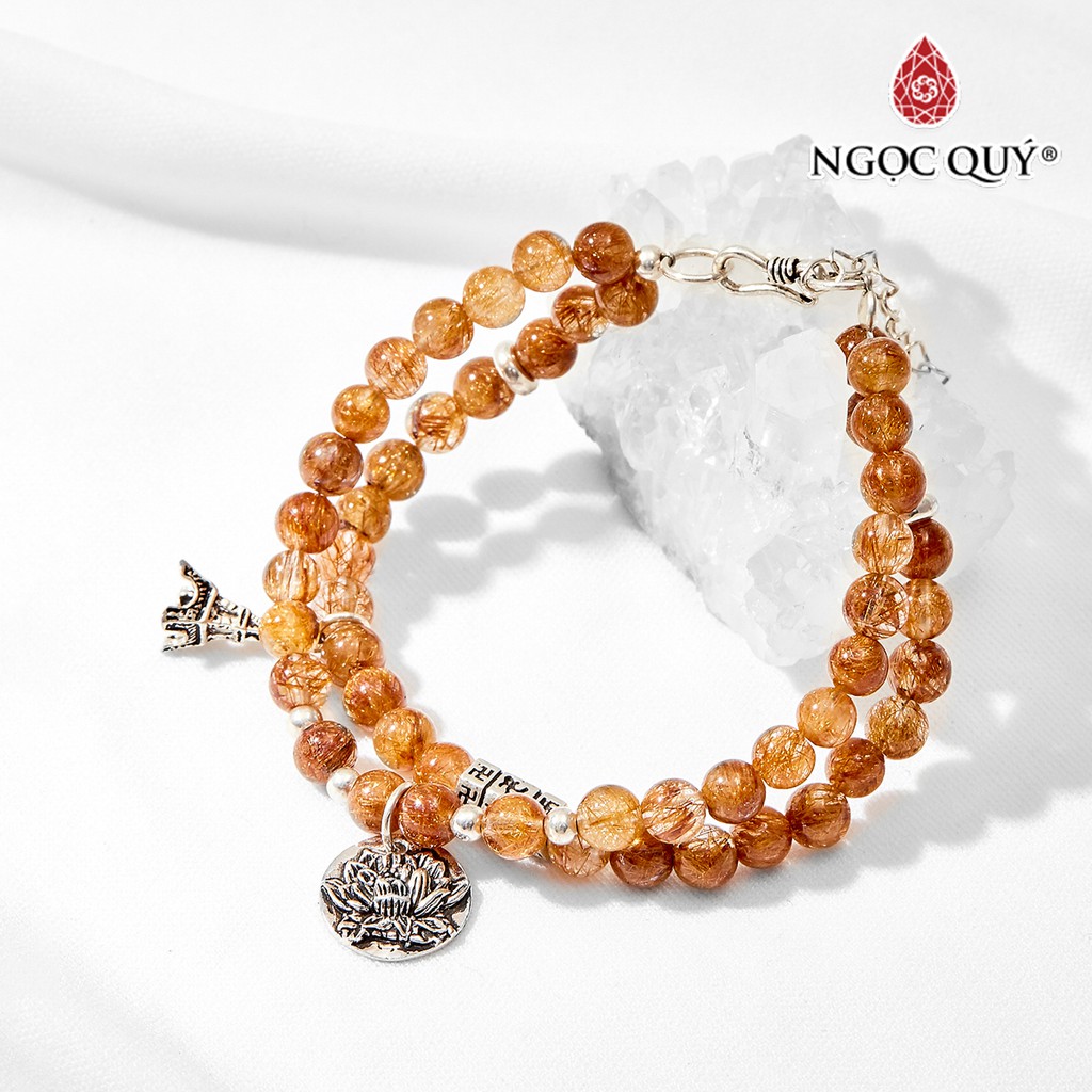 Vòng tay đôi TA tóc vàng phối charm hoa sen hạt 6mm - Ngọc Quý