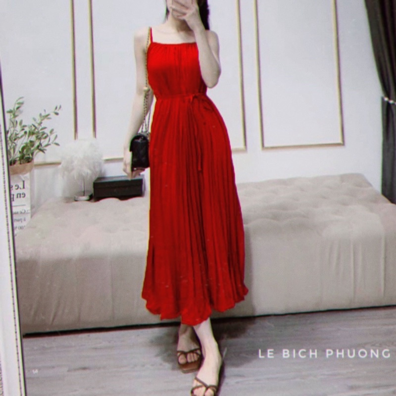 Đầm Xoè Hai Dây Dập Ly Maxi Dài - Bầu Bì Bon Chen Thoải Mái