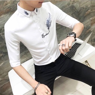 Áo Sơ Mi Nam XuMon Chất Lụa Quảng Châu Dài Tay Cổ Bẻ Họa Tiết Lông Vũ Thời Trang ( HÌNH THẬT )