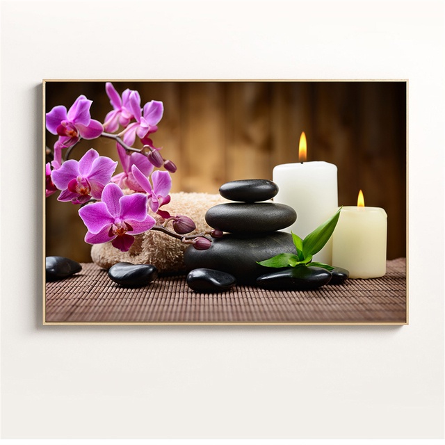 Tranh Vải Bạt Treo Tường In Hình Hoa Phong Lan / Nến Đá Spa Hiện Đại Trang Trí Nhà Cửa / Phòng Tắm