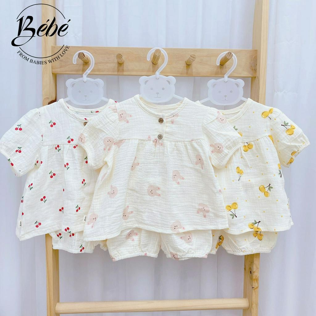 Bộ Cộc Tay Chui Đầu Cho Bé Gái Chất Xô Muslin BéBé