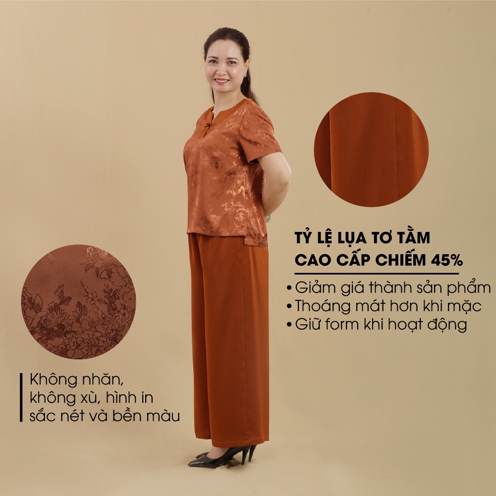 Đồ Bộ Trung Niên Lụa Việt Cao Cấp ANCHI B07 Nâu, Bộ Mặc Nhà Nữ Quà Tặng Cho Mẹ
