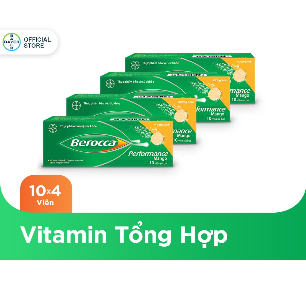 Bộ 4 Viên sủi bổ sung Vitamin Berocca Performance Mango 10 Viên / Tuýp