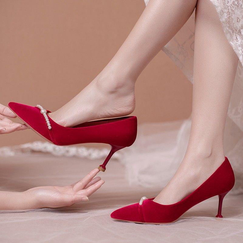 Xiuhe Giày Cao Gót Da Lộn Màu Đỏ Rượu Vang Đính Ngọc Trai Phong Cách Trung Hoa Cho Cô Dâu