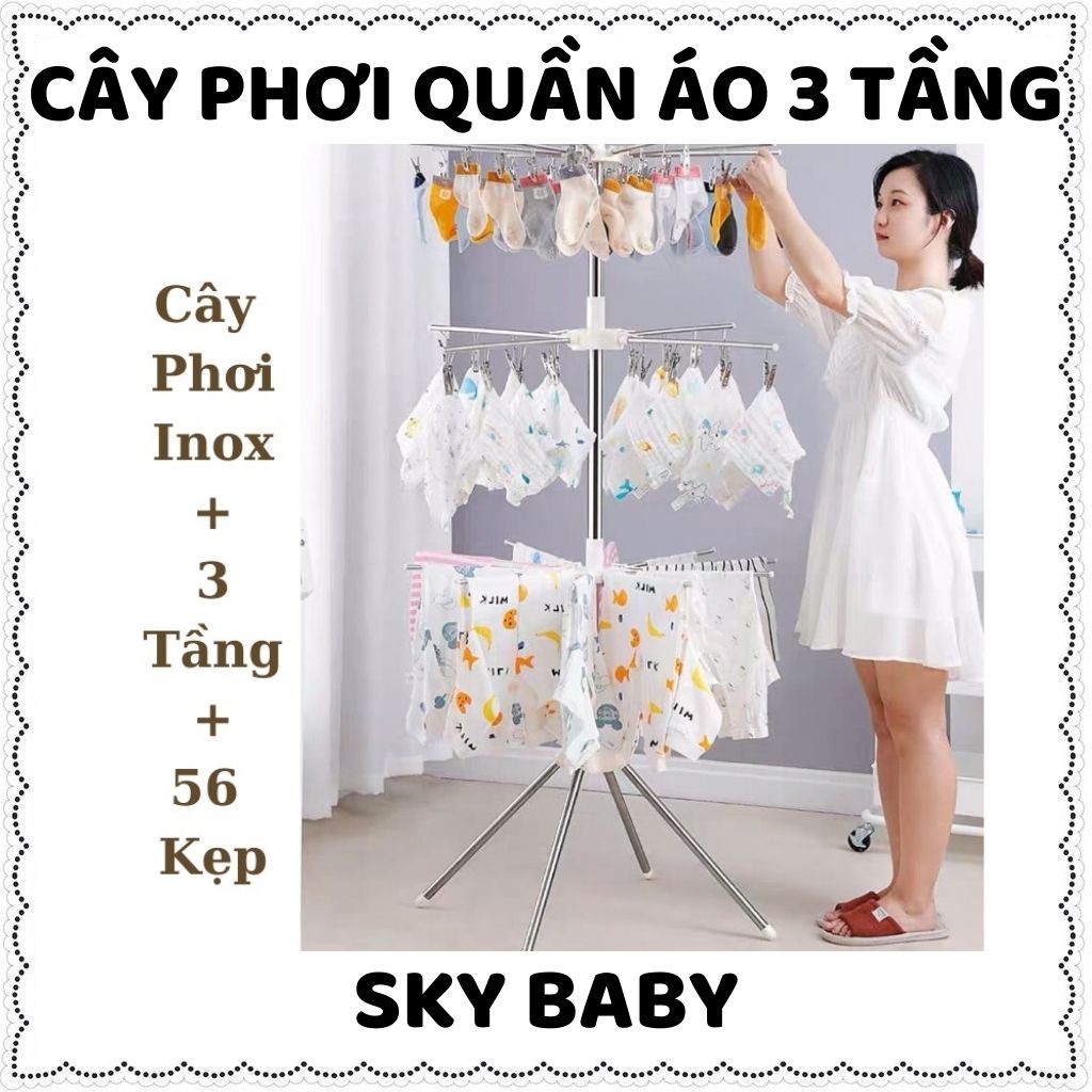 Cây phơi quần áo inox gấp gọn 3 tầng 56- 80 kẹp móc quần áo cho trẻ sơ sinh  Zozon