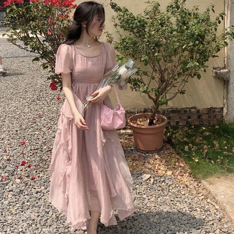 Đầm Tay Ngắn Chiết Eo Kiểu Dáng Ngọt Ngào Thời Trang