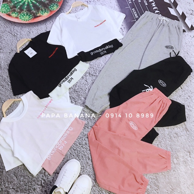 Quần jogger thêu Spun kèm 2 áo croptop thêu GROUNDBREAKING