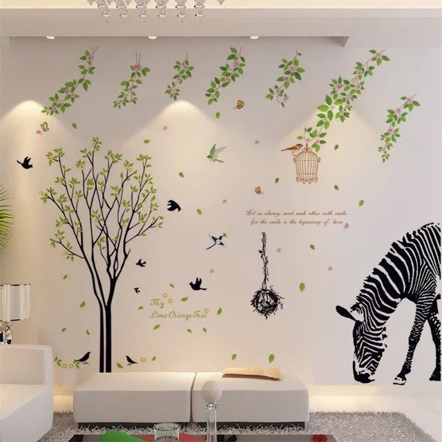 BỘ COMBO DECAL GHÉP ĐÔI dán tường - Thân Cây Chim Đen kết hợp Ngựa Vằn và dây leo hoa lá ( 3 TẤM )