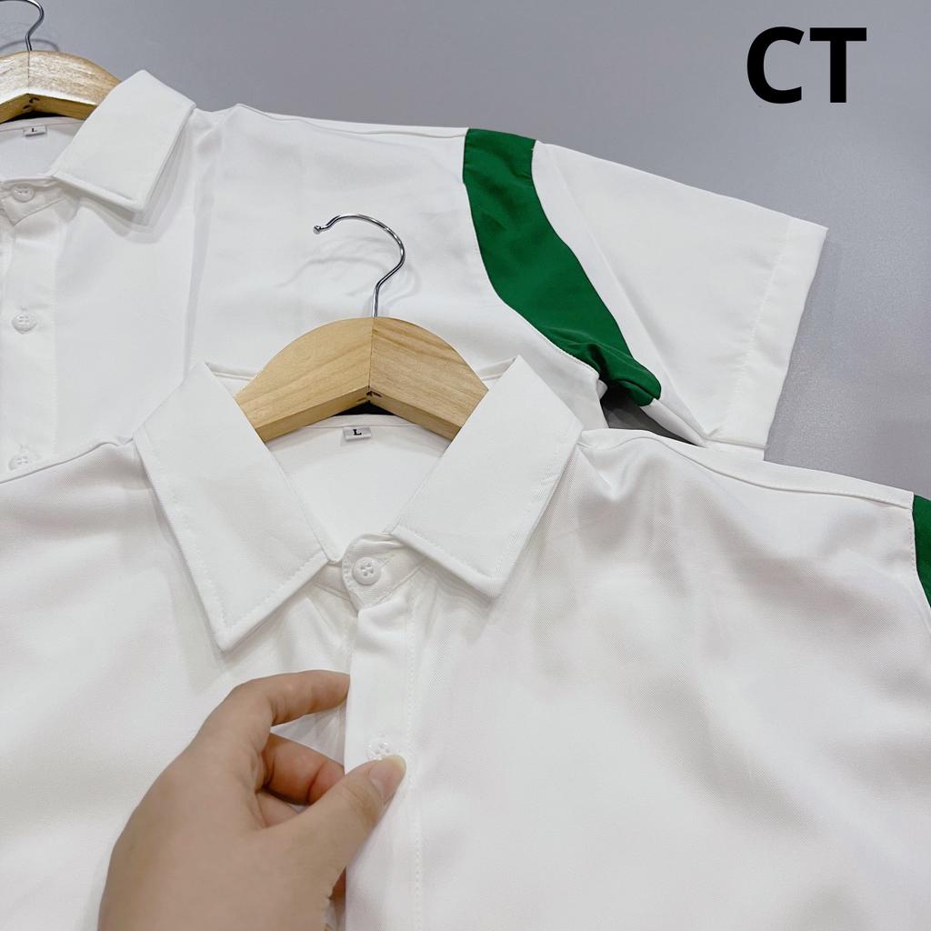 Áo Sơ Mi Nam Tay Ngắn Vải Lụa Mềm Mát Phối Sọc Vai Xanh Thiết Kế Sang Trọng, Thanh Lịch - SM 359 NGAN TAY PHOI XANH LA