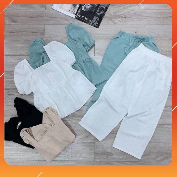 Sét Đũi Cổ Vuông Tay Bồng Ba Màu Cho Nữ