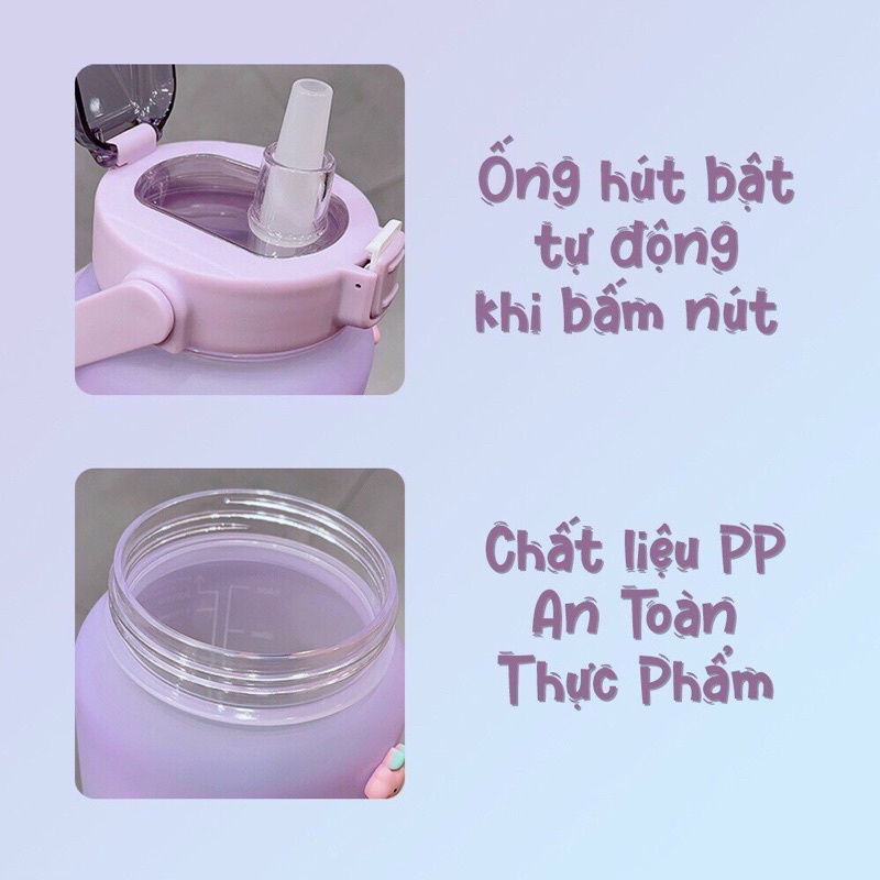 Bình Nước 2 Lít Có Vạch Kẻ Chia ML Cho Mỗi Ngày Kèm Ống Hút Tiện Lợi tặng sticker cute