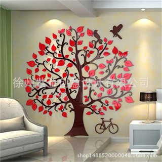 Tranh dán tường mica 3d- cây đỏ xe đạp