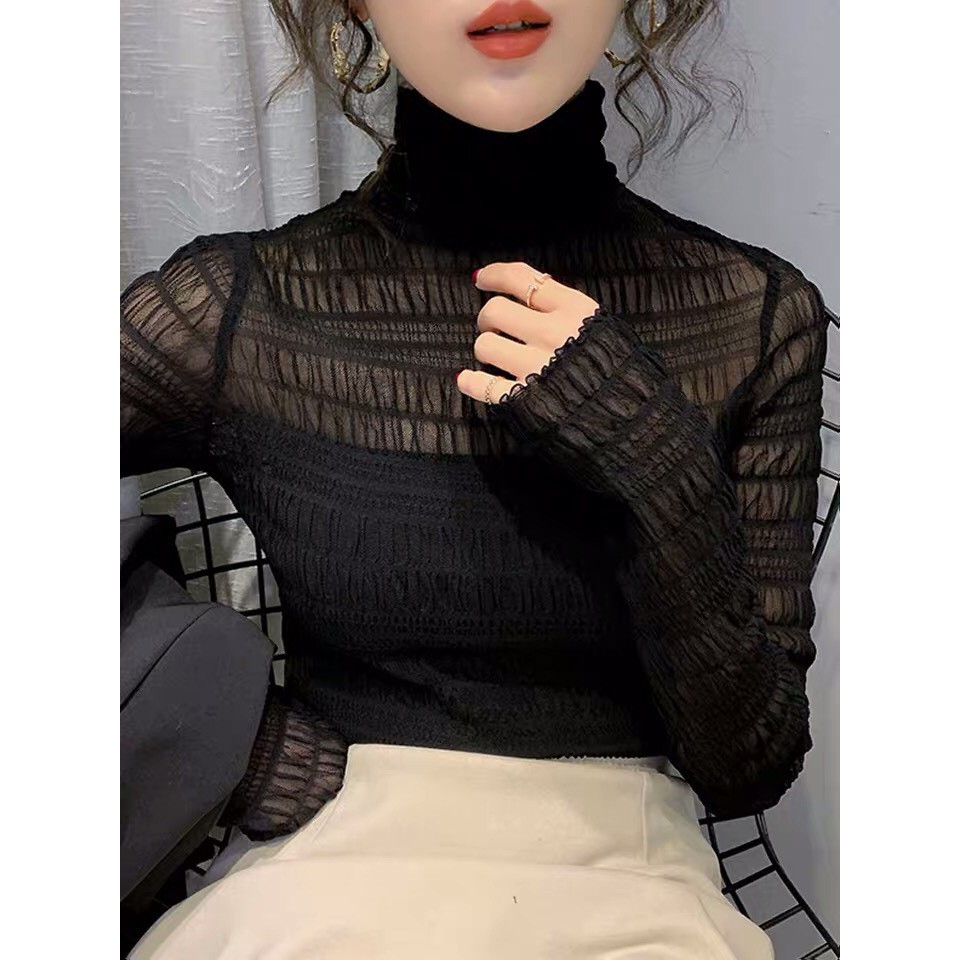 (ORDER) Áo sơ mi nữ ren mỏng cổ lọ ôm dáng gợi cảm sang trọng Hàn Quốc